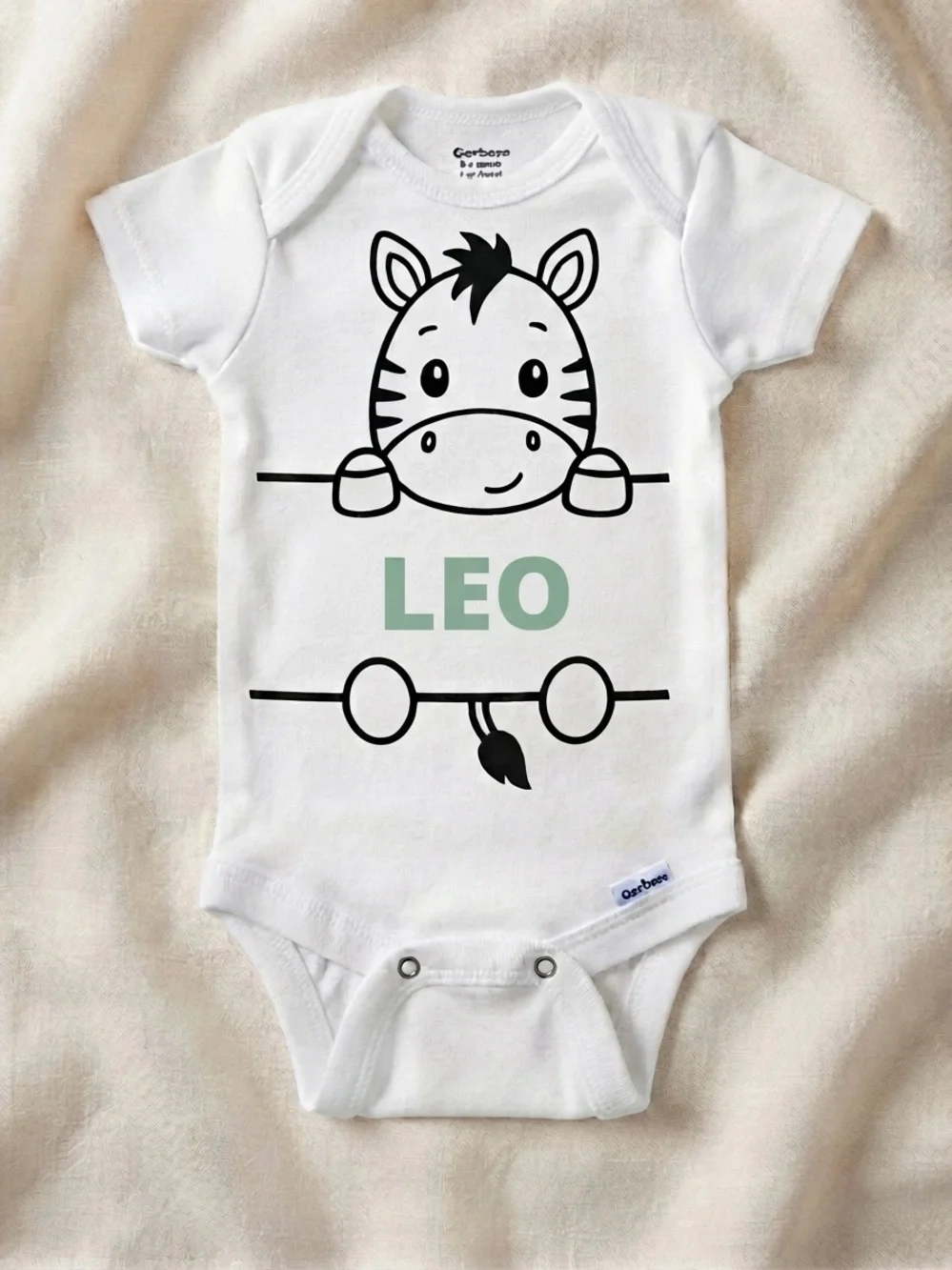 Gerber White Onesie with Black Zebra and Purple Name